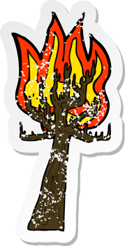 retro distressed sticker of a cartoon tree on fire png