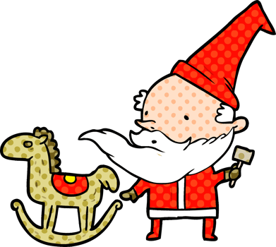cartoon santa or elf making a rocking horse png