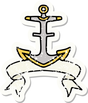 worn old sticker with banner of an anchor png