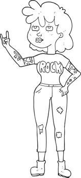 hand drawn black and white cartoon rocker girl png