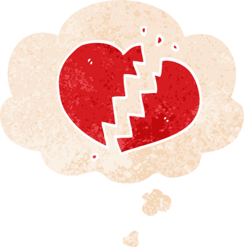 cartoon broken heart with thought bubble in grunge distressed retro textured style png