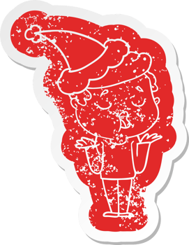 quirky cartoon distressed sticker of a man talking and shrugging shoulders wearing santa hat png