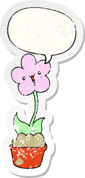 cute cartoon flower with speech bubble distressed distressed old sticker png