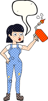 hand drawn comic book speech bubble cartoon woman in dungarees png