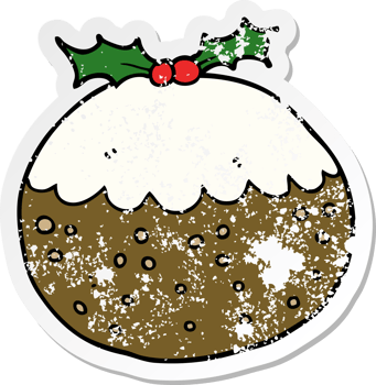 distressed sticker of a cartoon christmas pudding png