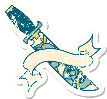 worn old sticker with banner of a dagger and flowers png