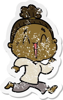 distressed sticker of a cartoon happy old lady png