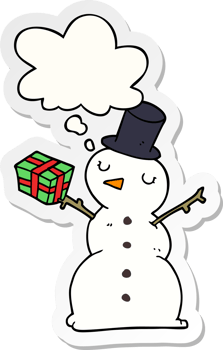 cartoon snowman with thought bubble as a printed sticker png