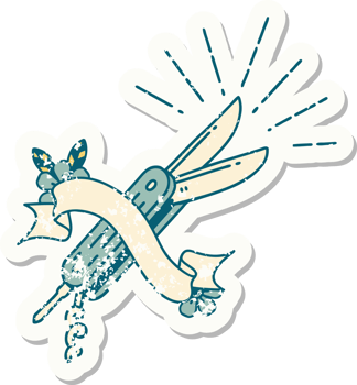 worn old sticker of a tattoo style folding knife png