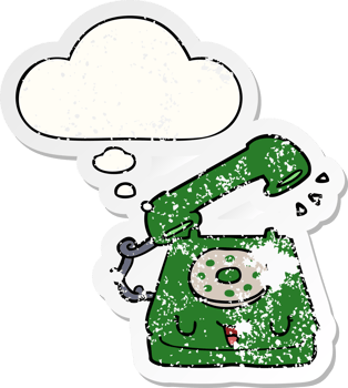 cute cartoon telephone with thought bubble as a distressed worn sticker png