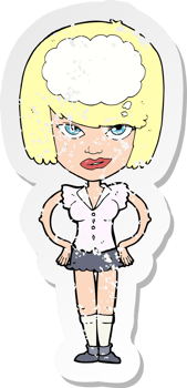 retro distressed sticker of a cartoon woman thinking drawing png