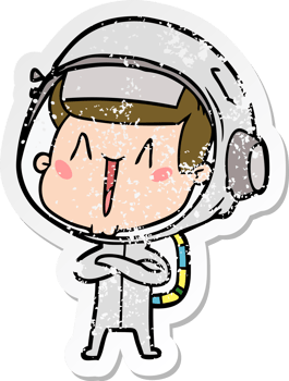 distressed sticker of a happy cartoon astronaut png