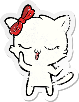 distressed sticker of a cartoon cat with bow on head png