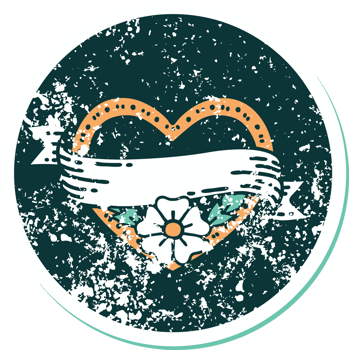 iconic distressed sticker tattoo style image of a heart and banner with flowers png