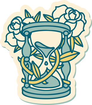 sticker of tattoo in traditional style of an hour glass and flowers png