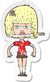 retro distressed sticker of a cartoon woman with knife between teeth drawing png
