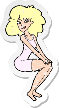 retro distressed sticker of a cartoon sitting woman in dress drawing png