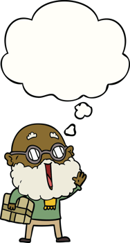 cartoon joyful man with beard and parcel under arm with thought bubble png