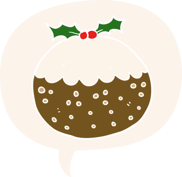 cartoon christmas pudding with speech bubble in retro style png