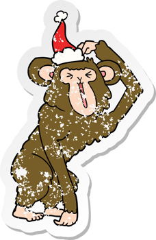 hand drawn distressed sticker cartoon of a chimp scratching head wearing santa hat png