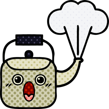comic book style cartoon of a steaming kettle png