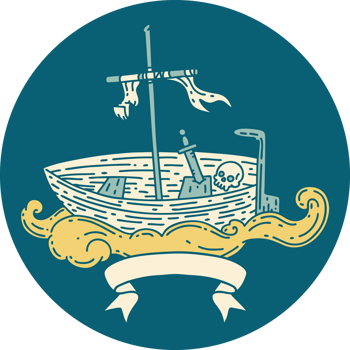 icon of a tattoo style empty boat with skull png