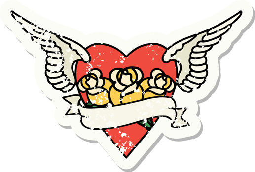 distressed sticker tattoo in traditional style of heart with wings flowers and banner png