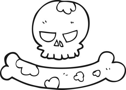 hand drawn black and white cartoon skull and bone symbol png