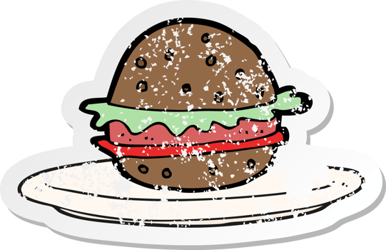 retro distressed sticker of a cartoon burger on plate png