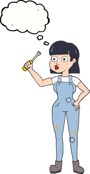 hand drawn thought bubble cartoon female mechanic png