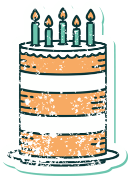 iconic distressed sticker tattoo style image of a birthday cake png