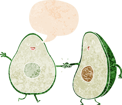 cartoon dancing avocados with speech bubble in grunge distressed retro textured style png