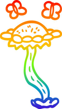 rainbow gradient line drawing of a cartoon flower and butterflies png
