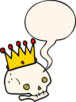 cartoon skull with crown with speech bubble in comic book style png