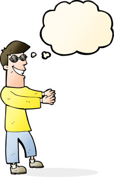 cartoon grinning man wearing glasses with thought bubble png