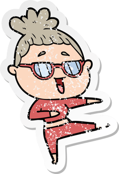 distressed sticker of a cartoon happy woman wearing spectacles png