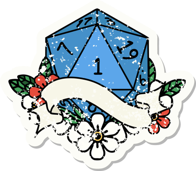 grunge sticker of a natural one d20 dice roll png