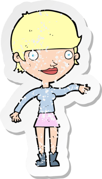 retro distressed sticker of a cartoon happy woman drawing png
