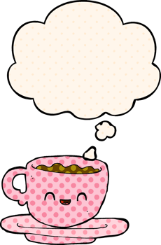 cartoon hot cup of coffee with thought bubble in comic book style png