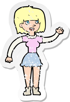 retro distressed sticker of a cartoon girl waving drawing png