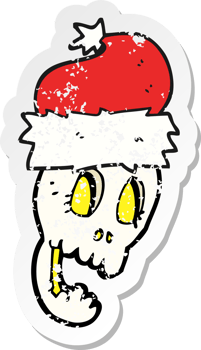 retro distressed sticker of a cartoon christmas hat on skull png