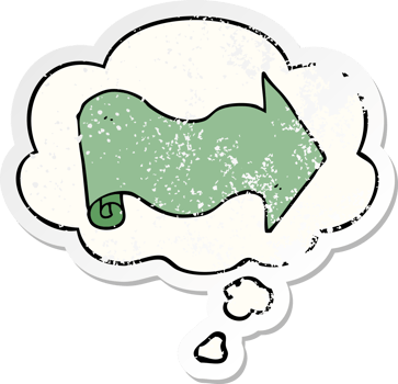 cartoon arrow with thought bubble as a distressed worn sticker png