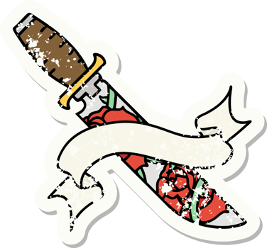 worn old sticker with banner of a dagger and flowers png