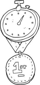 hand drawn black and white cartoon stopwatch and medal png