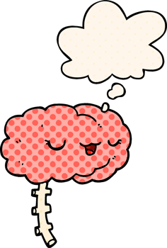 happy cartoon brain with thought bubble in comic book style png