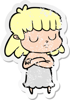 distressed sticker of a cartoon indifferent woman png