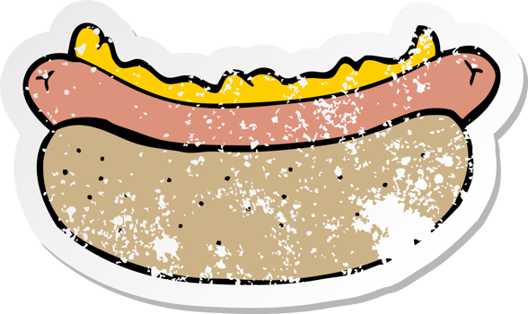 distressed sticker of a cartoon hotdog png