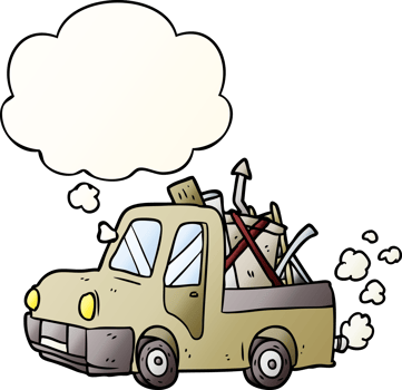 cartoon old truck with thought bubble in smooth gradient style png