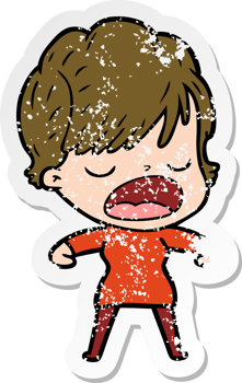 distressed sticker of a cartoon woman talking png