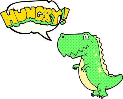 hand drawn comic book speech bubble cartoon hungry dinosaur png
